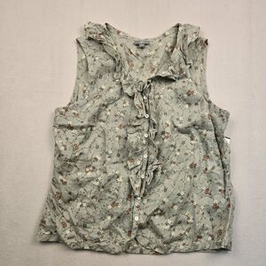J. Jill Floral Ruffle Front Sleeveless Blouse Ramie Button Top Sage Green Large